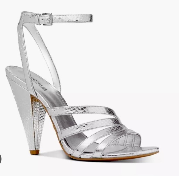 MICHAEL KORS Womens Silver Snake Print Toe Cone Heel Leather Sandals Sz 10 - Picture 1 of 10